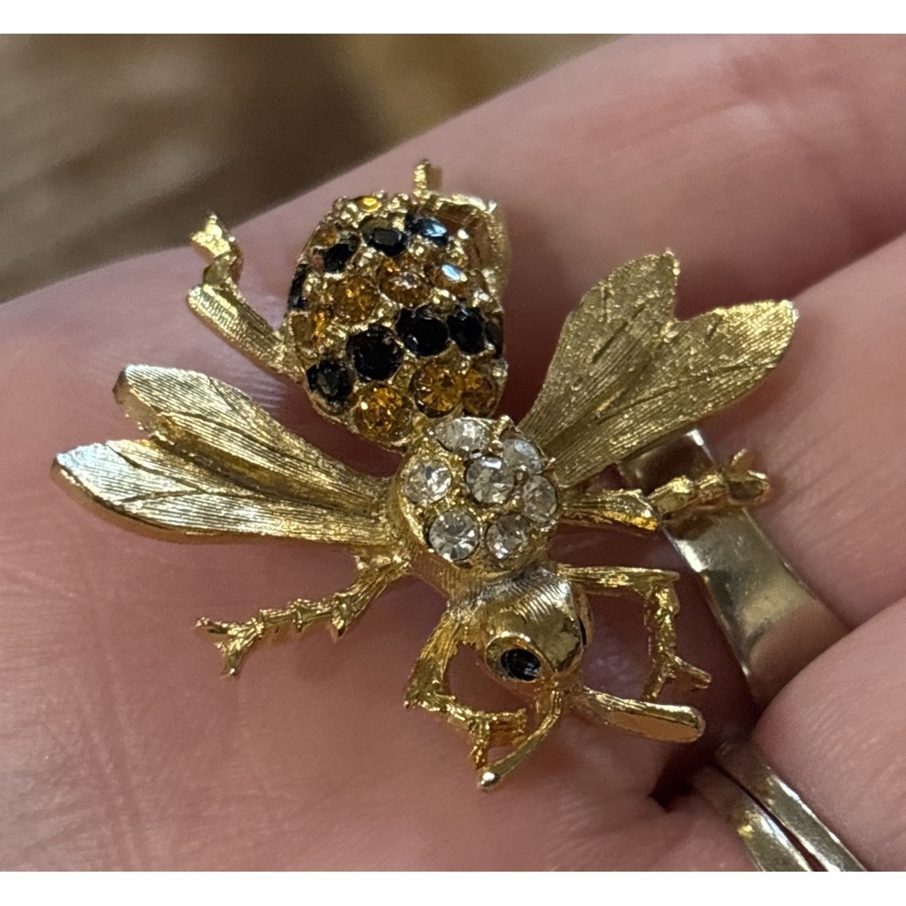 Vintage Bee Insect Brooch Pin Black Yellow Crystal Rhinestone Gold Tone